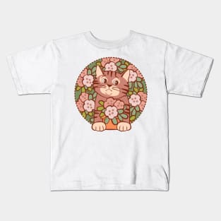 Shy Kitten Hiding in Flowers Kids T-Shirt